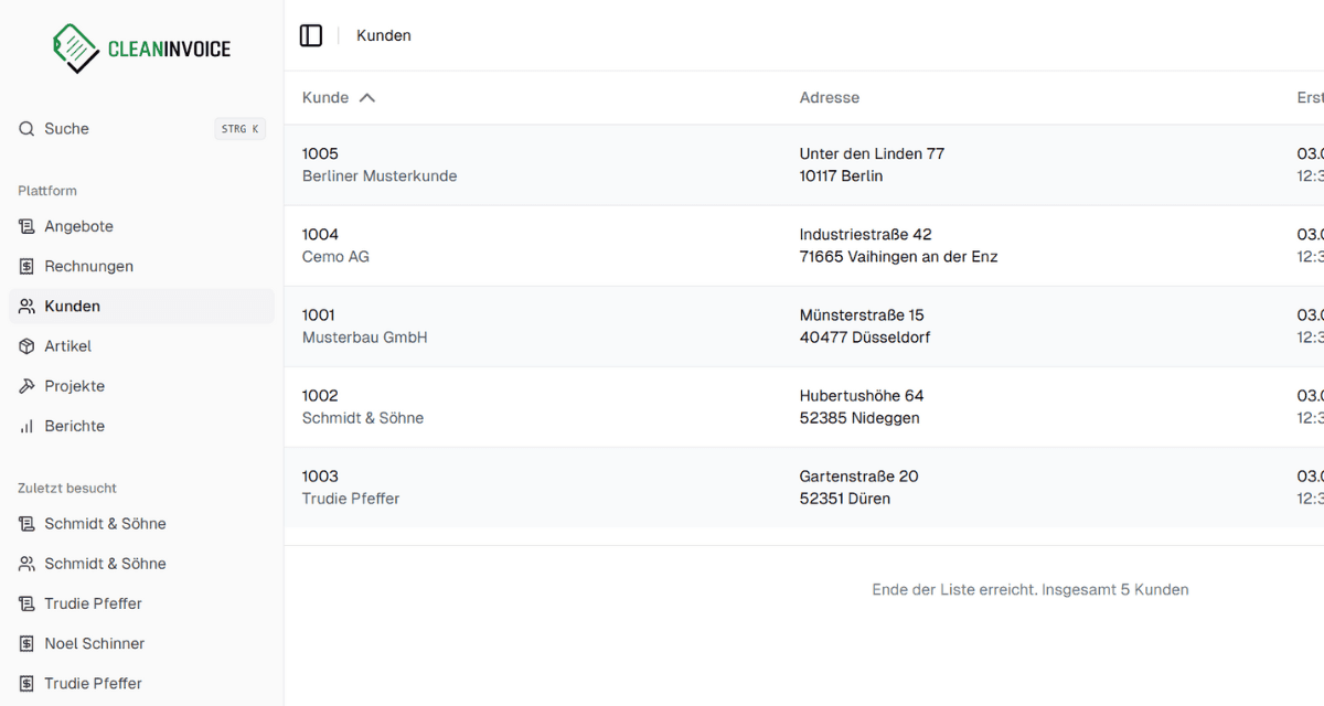 Kunden anlegen in Clean Invoice